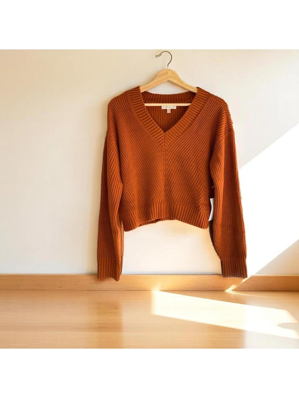 Backyard Roses Brick Red Sweater Women XL Oversized Ribbed V-Neck Knit Pullover - Picture 2 of 3